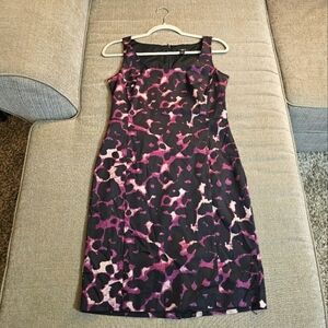 Ann Taylor Black Purple Pattern Midi Office Career Silk Blend Dress 4 Petite